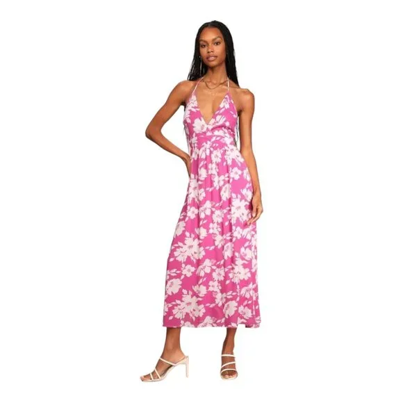 Lulu's XL Follow The Summer Pink Floral Halter Side Slit Midi Dress - Picture 3 of 10